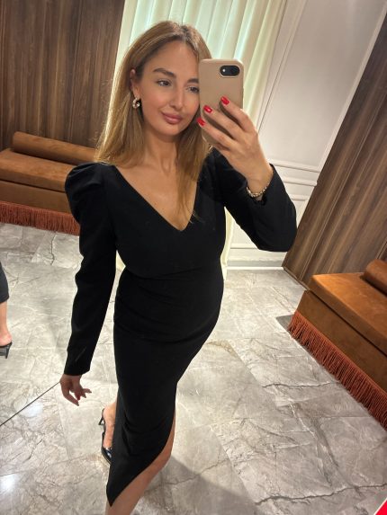 SİYAH ELBİSE UZUN KARPUZ KOL MİDİ