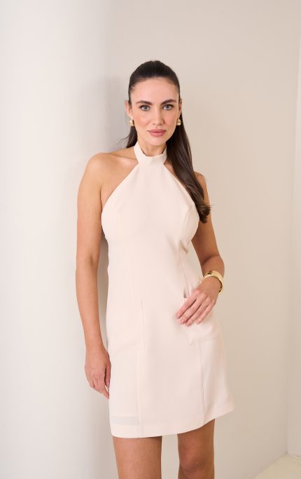 HALTER YAKA CEP DETALI MİNİ ELBİSE