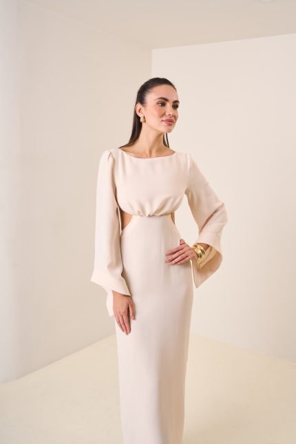 UZUN KOL SIRT DEKOLTELİ MİDİ ELBİSE