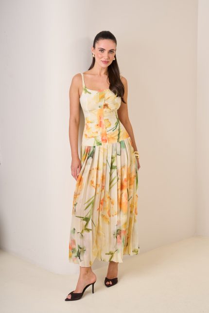 ÇİÇEK DESEN PİLİSELİ MİDİ ELBİSE